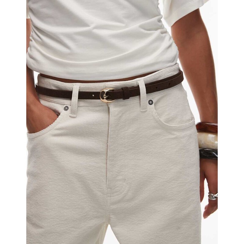 & Other Stories circle buckle thin belt in dark brown suede 108199779