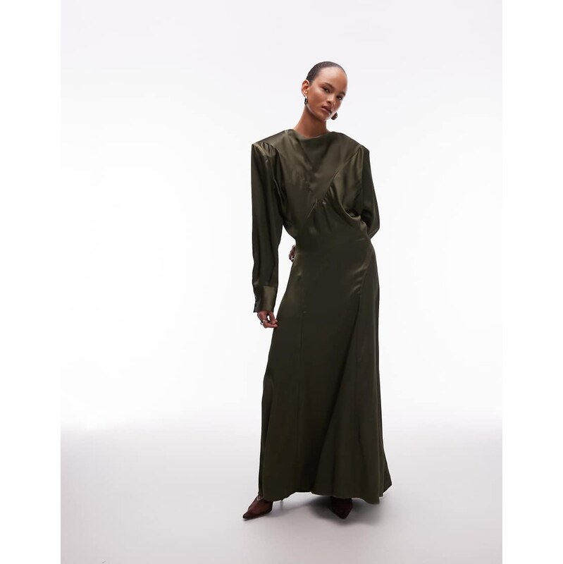 ASOS DESIGN cowl neck satin maxi dress with power shoulder in