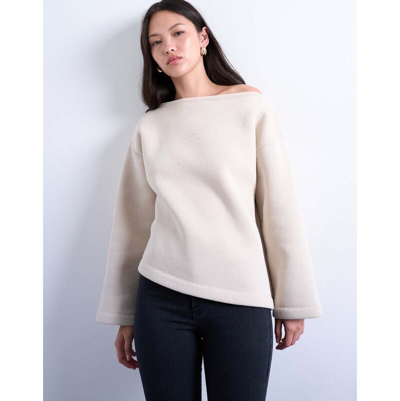 Topshop asymmetric off shoulder sweat in beige-White 109589012