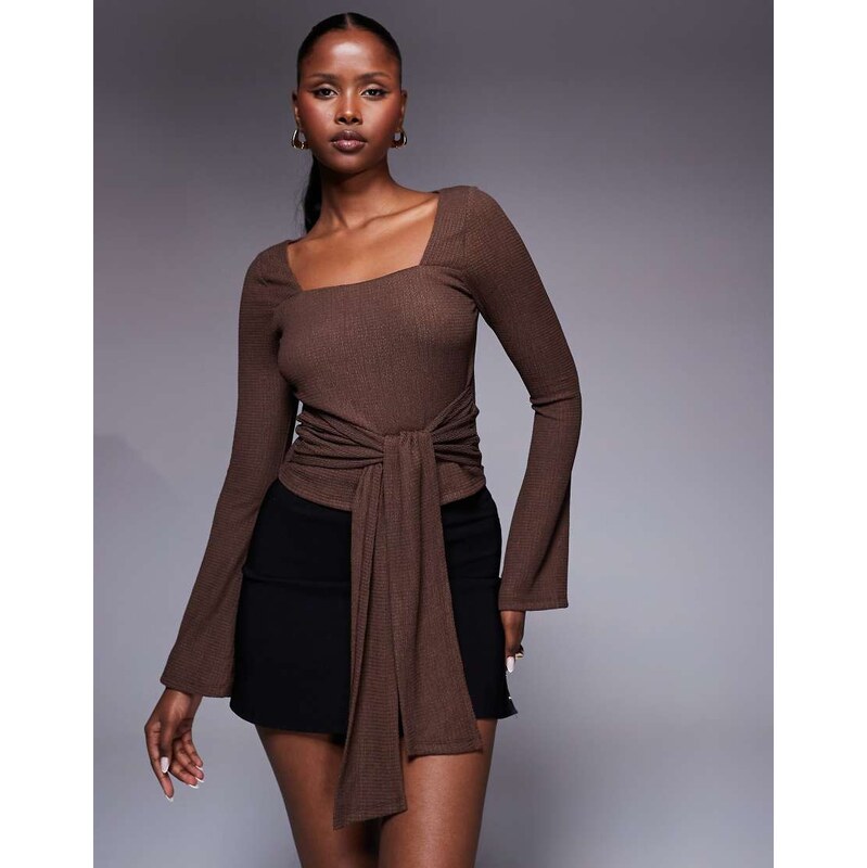 ASOS DESIGN texture tie waist flare sleeve top in chocolate