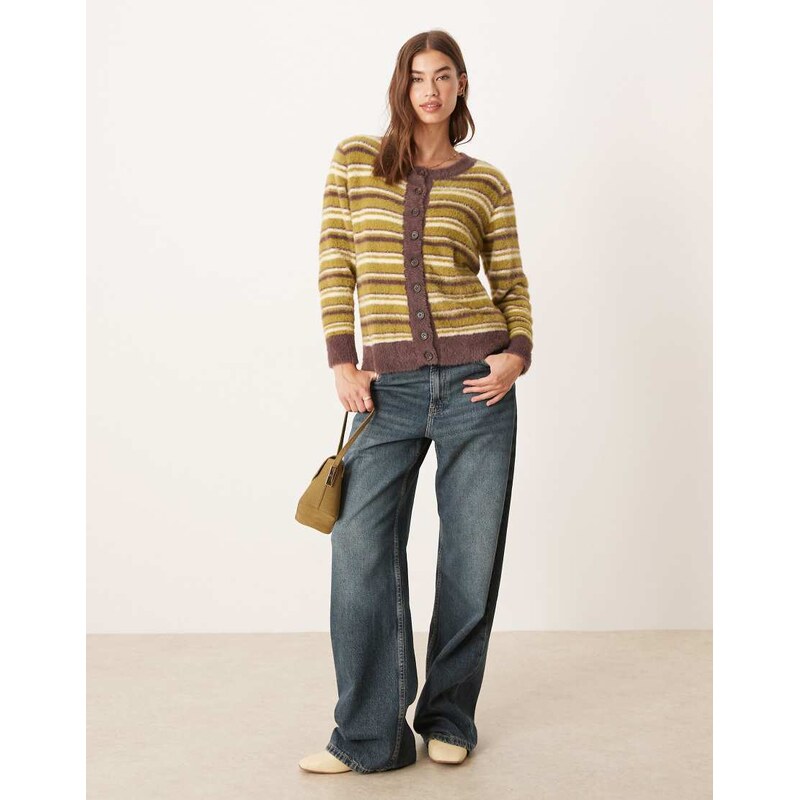 Glamorous boxy fit fluffy cardigan in olive brown stripe-Multi