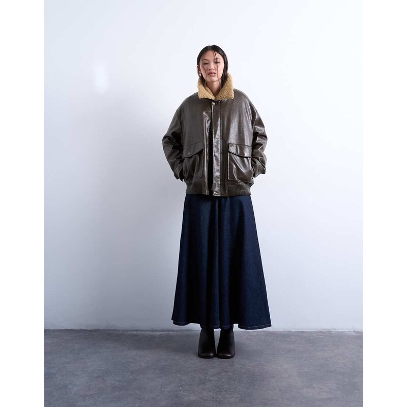 Topshop denim yoke front maxi skirt in indigo rinse-Blue