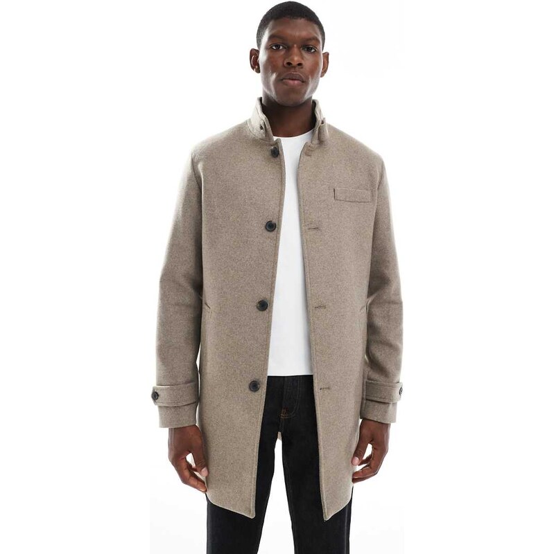 Jack & Jones wool blend funnel neck coat in beige-Black