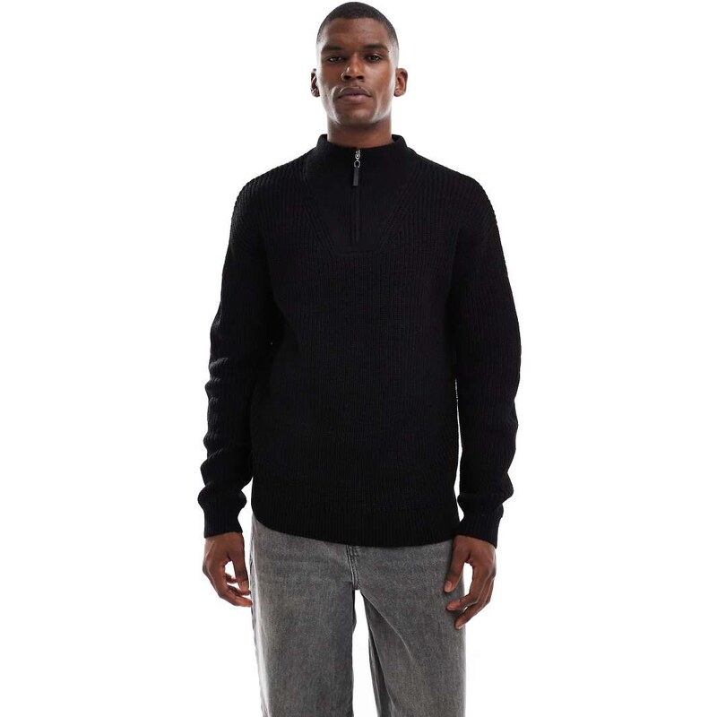 New Look fisherman knit 1/4 zip jumper in black