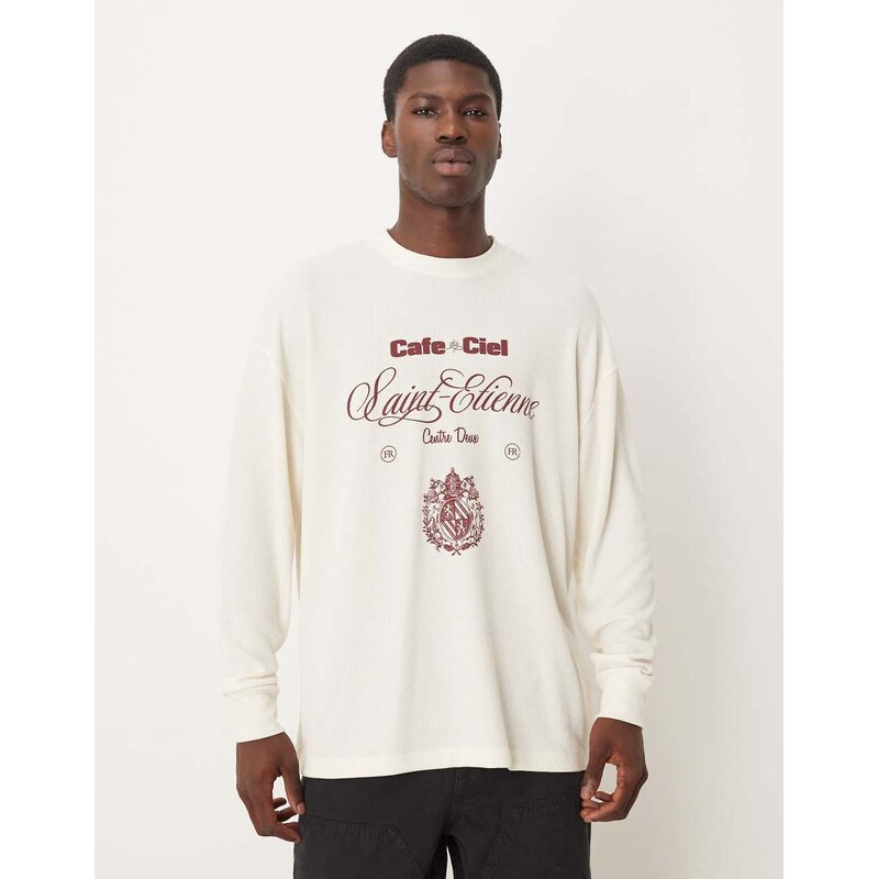 ASOS DESIGN heavyweight oversized long sleeve t-shirt with text graphic in off white waffle-Multi