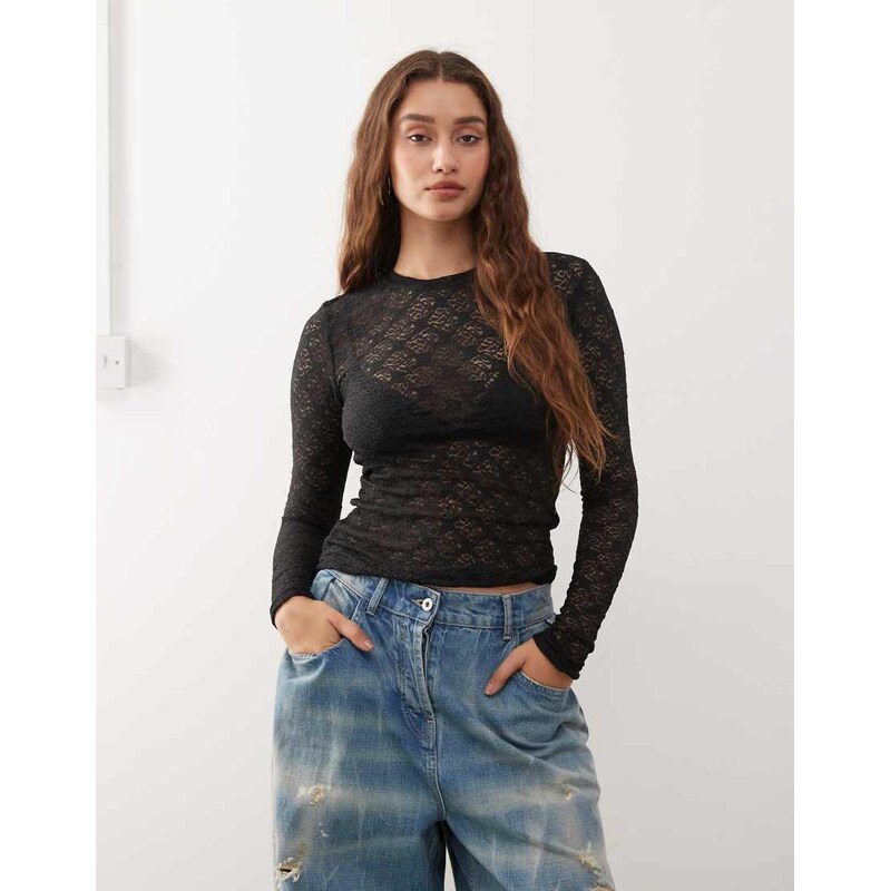 Noisy May long sleeve lace top in black 108201563