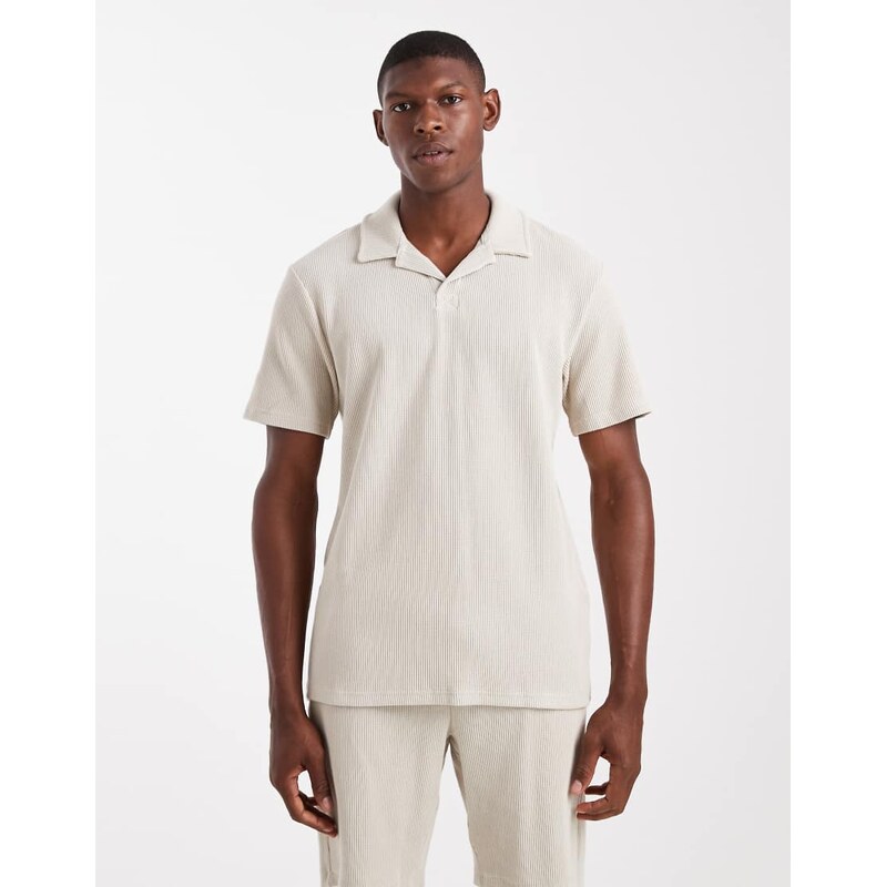 ONLY & SONS ribbed oversized polo co-ord in stone-Neutral