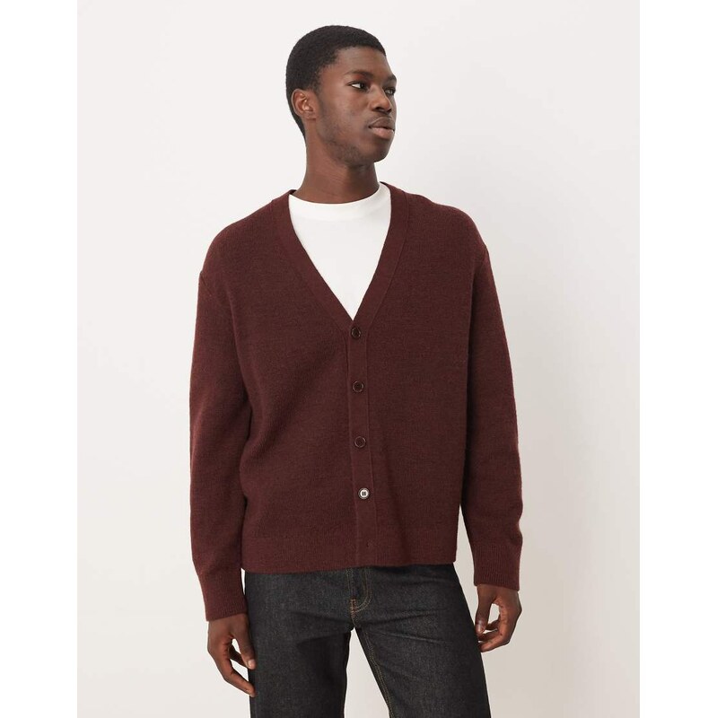ARKET wool cardigan with button front in burgundy wine-Red
