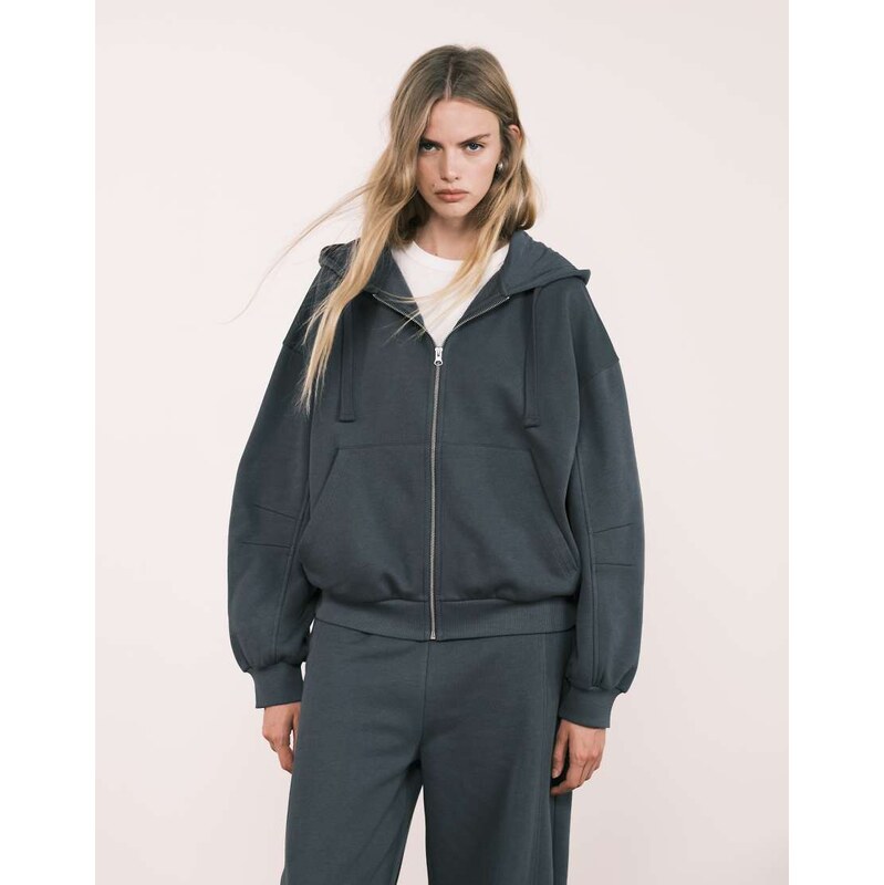 ASOS DESIGN co-ord zip through hoodie with balloon sleeve in charcoal 108201655