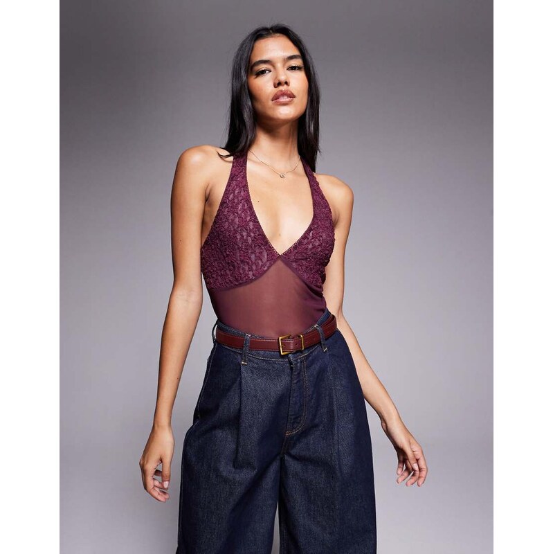 ASOS DESIGN mesh lace halter neck bodysuit in plum-Purple 108291347