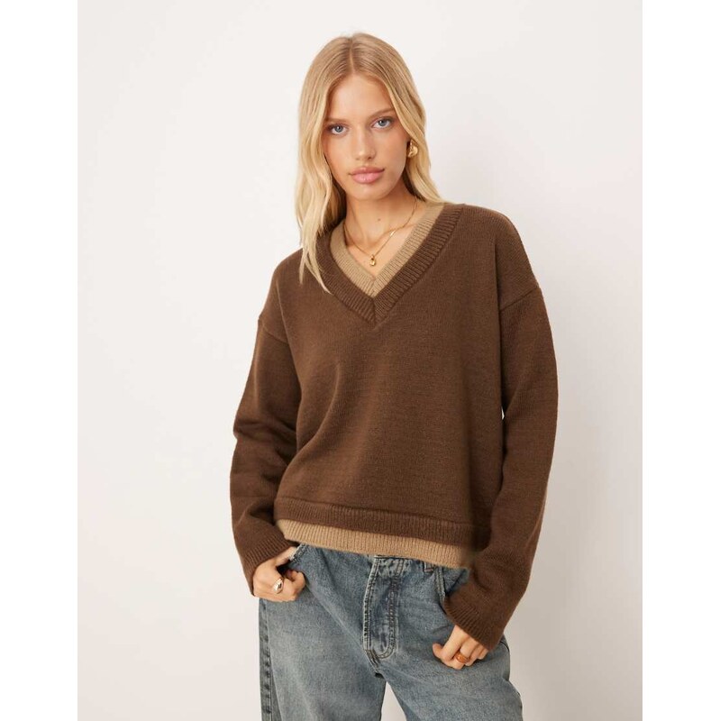 ASOS DESIGN knitted v neck jumper with double layer in brown 108201659