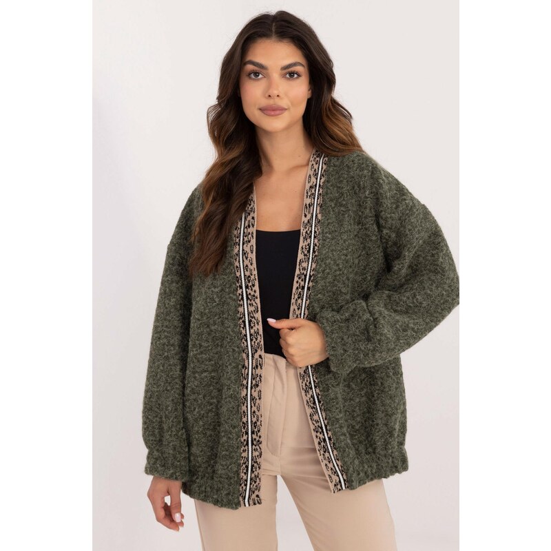 MladaModa Krátký hřejivý kardigan s lemovkou model 50011 barva khaki 108200936