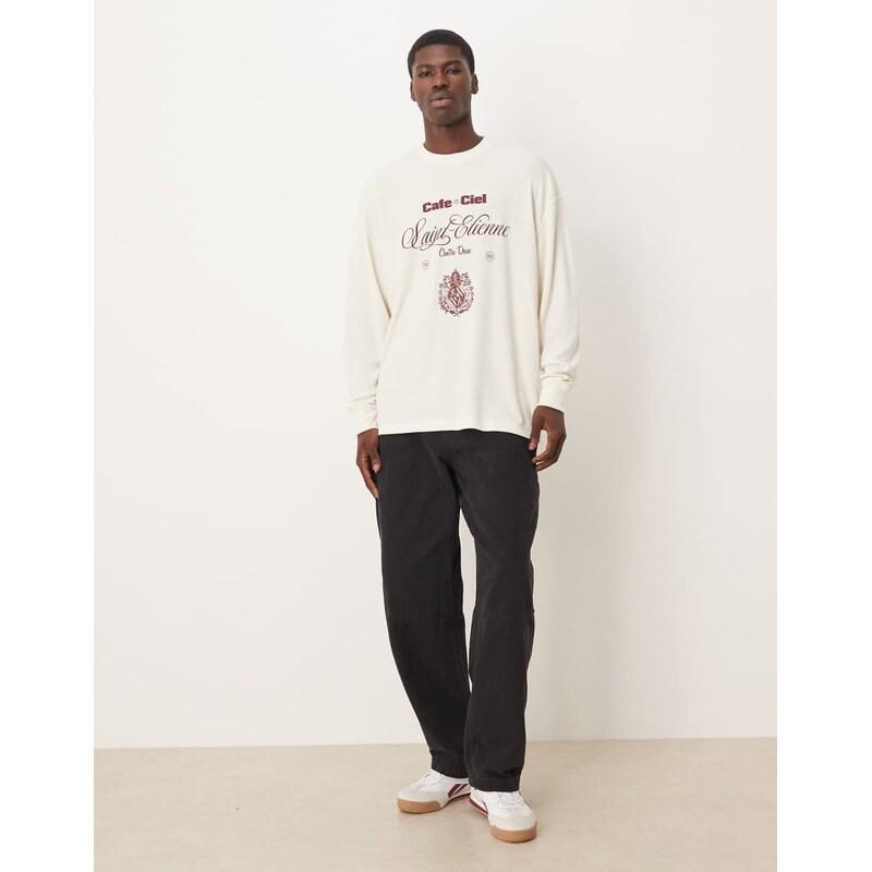 ASOS DESIGN heavyweight oversized long sleeve t-shirt with text graphic in off white waffle-Multi