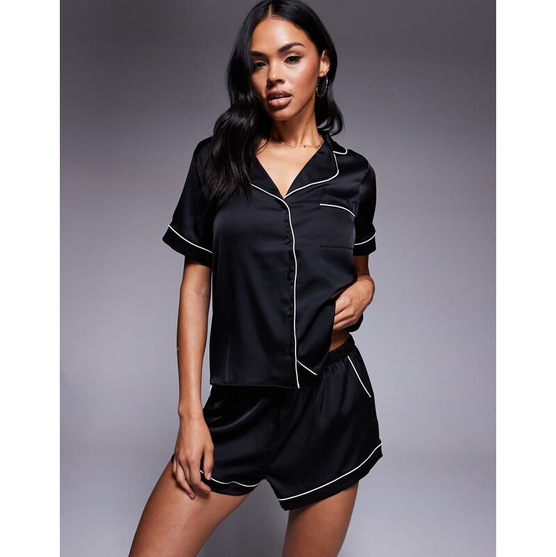 Boux Avenue Luxe satin revere top and shortie set with piping detail 113262502