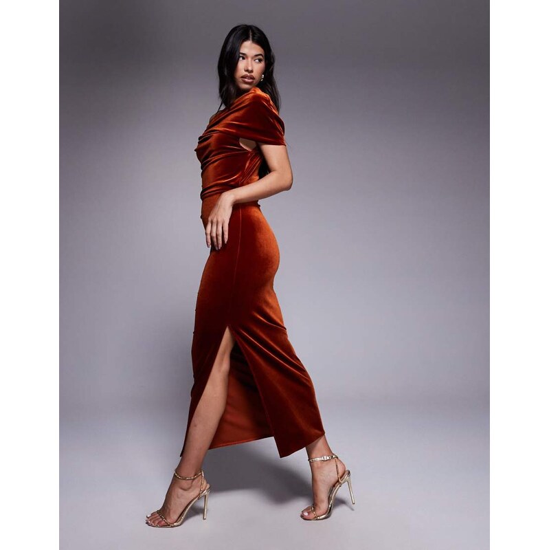 ASOS DESIGN velvet midi dress with fallen shoulder in rust-Red