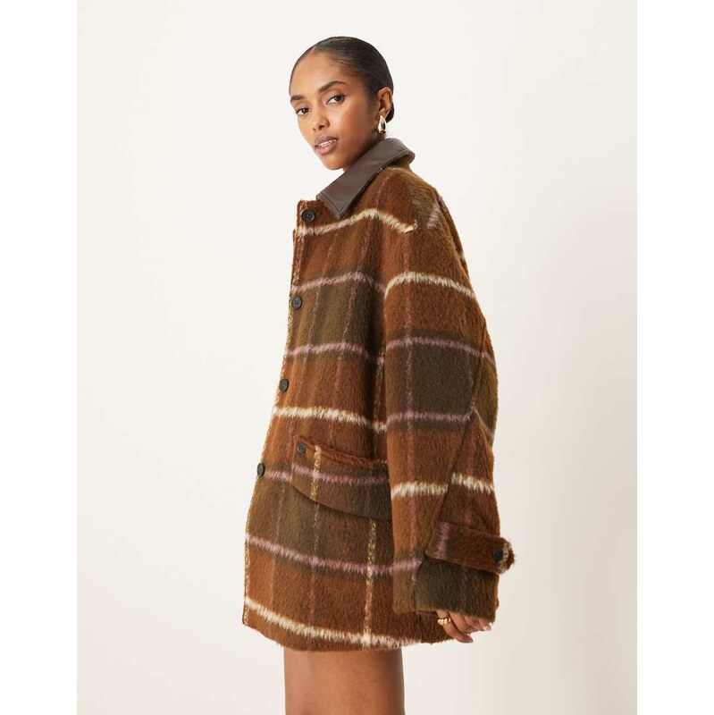ASOS DESIGN oversized leather look collar jacket in brown check