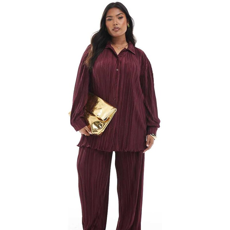 4th & Reckless Plus plisse wide leg trousers co-ord in burgundy-Red 115512129