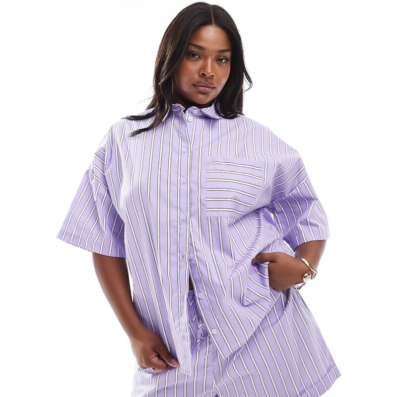 ASOS Curve ASOS DESIGN Curve boxy fit striped co-ord shirt purple 114849813