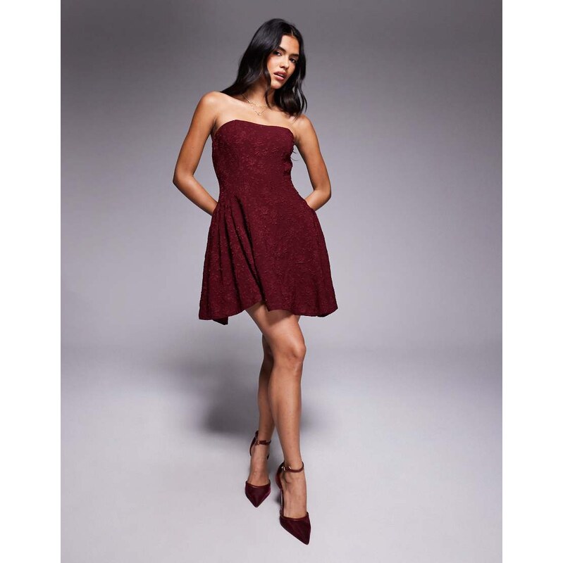 Rare London bandeau dropped pleat side mini dress in red floral 108208980