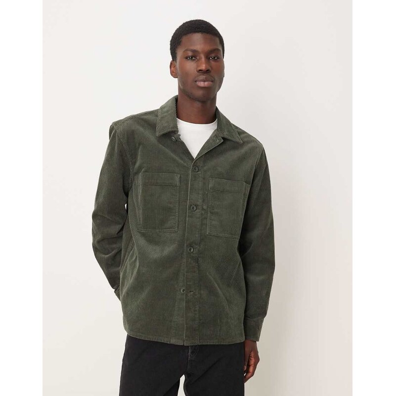ARKET cord overshirt with front patch pockets in khaki green