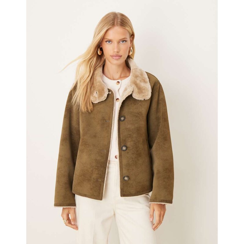 ASOS DESIGN funnel neck faux suede bonded jacket in khaki-No