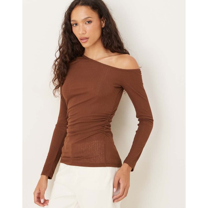 ASOS DESIGN gauzy rib longline aysmmetric top in brown