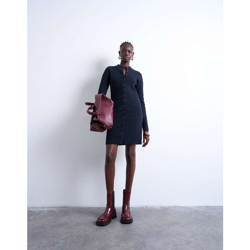 Topshop knitted crew neck button through mini dress in navy