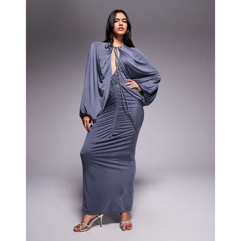 ASOS DESIGN slinky winged sleeve ruched maxi dress in charcoal
