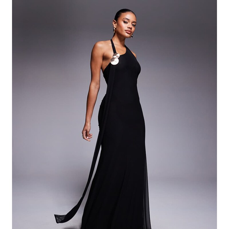 ASOS DESIGN drape scarf neck with gold hardware mesh maxi dress
