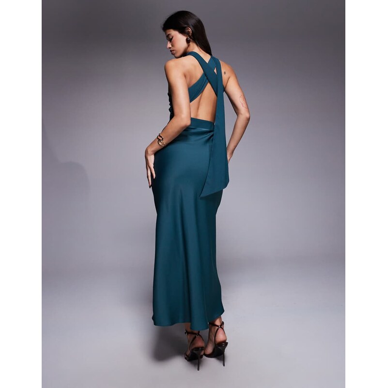 ASOS DESIGN one shoulder satin midi dress with neck sash in navy