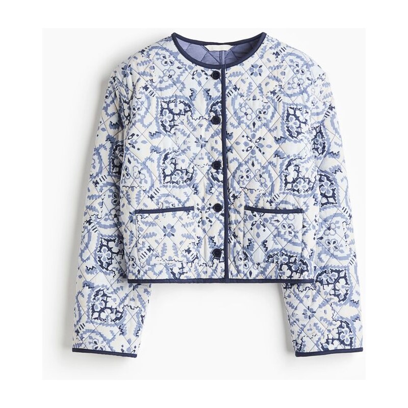 H&M - Prošívané popelínové sako - Tlumená Modrá/Vzor