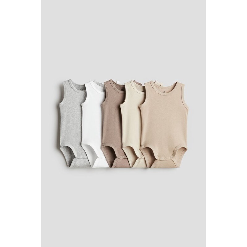 H&M - Bavlněné body: balení po 5 - Světle Béžová/Světle Šedý