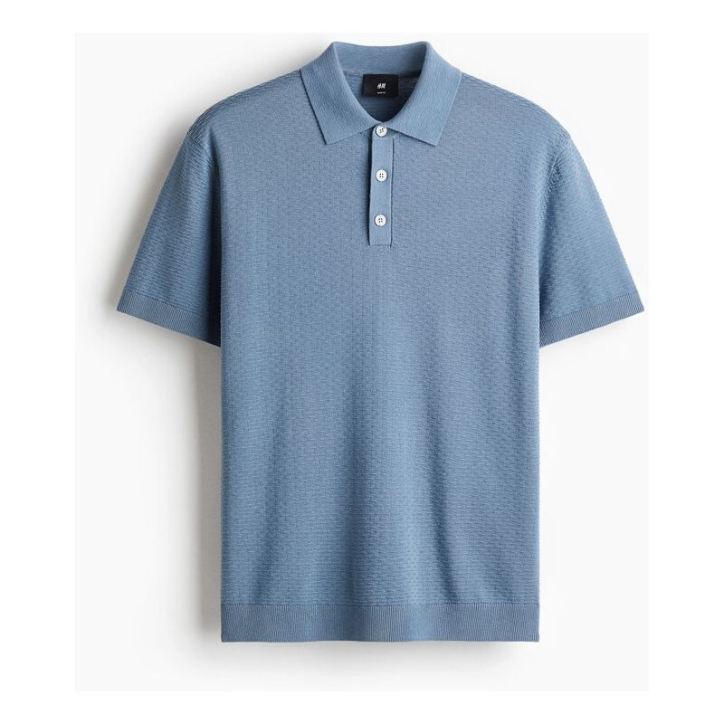 H&M - Tričko Slim Fits texturou a límečkem - Modrá