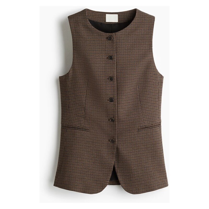 H&M - Dlouhá vesta - Tmavě Béžová/Pepitový Vzor