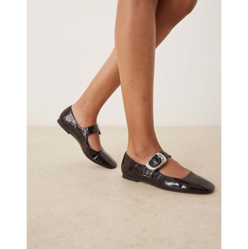 ASOS DESIGN Linton square toe mary jane ballets in brown croc