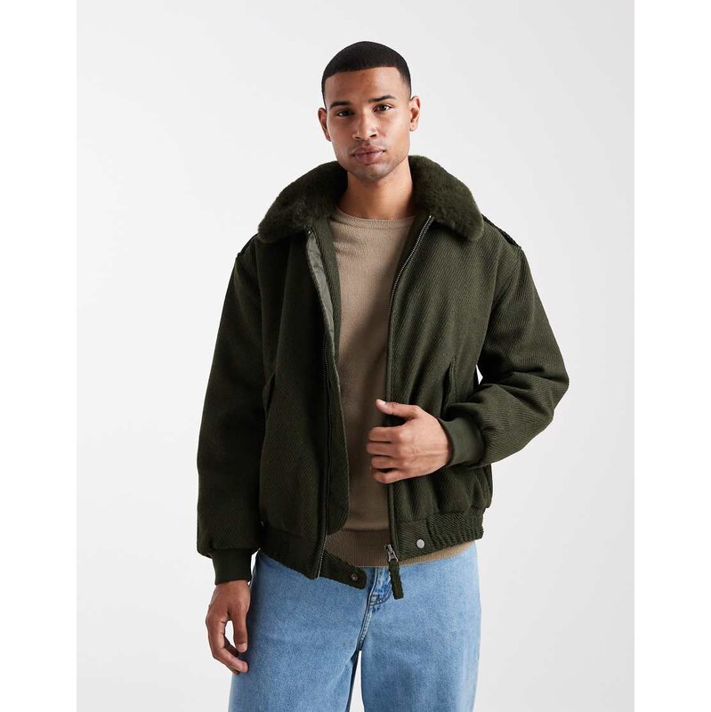 ASOS DESIGN wool look bomber jacket with faux fur collar in dark