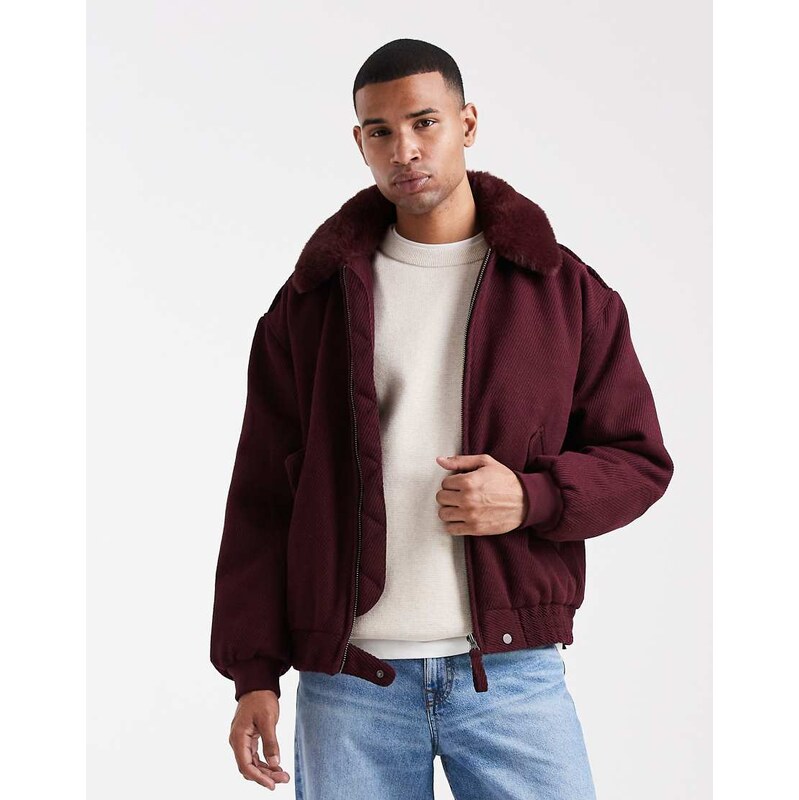 ASOS DESIGN wool look bomber jacket with faux fur collar in