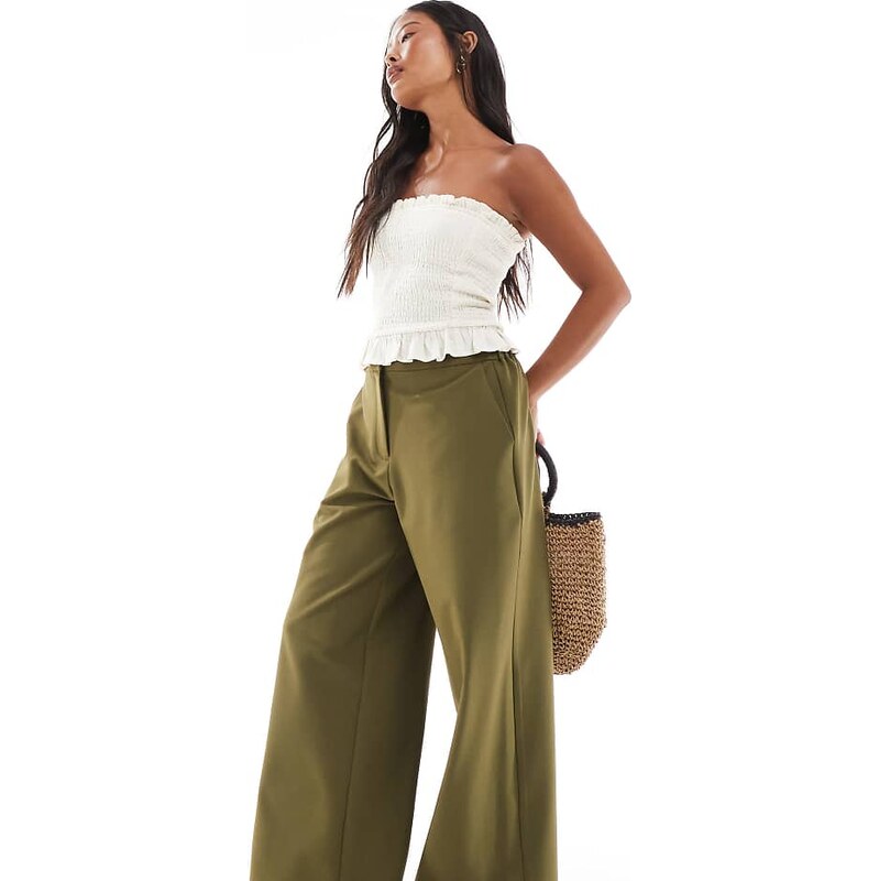 ASOS DESIGN Petite tailored relaxed straight leg trousers in khaki-Green