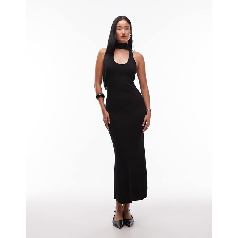 SNDYS premium ribbed knit scoop neck scarf detail fishtail maxi dress 108218931