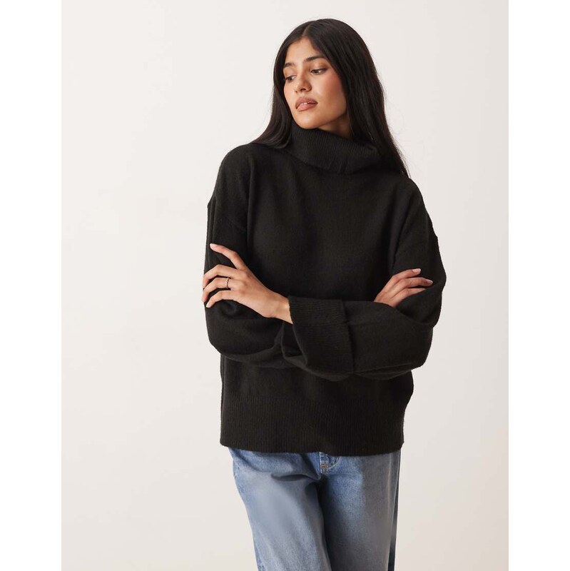 Vila roll neck knitted jumper with cuff detail in black 108218939