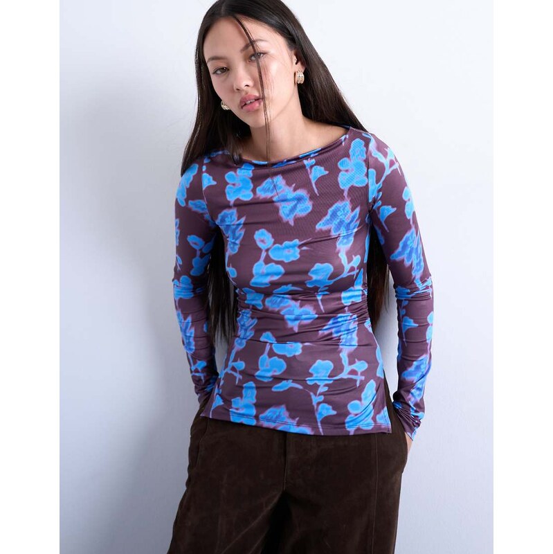 Topshop abstract floral print slash neck long sleeve top in blue 108218990