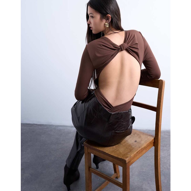 Topshop slinky long sleeve knot back detail bodysuit in