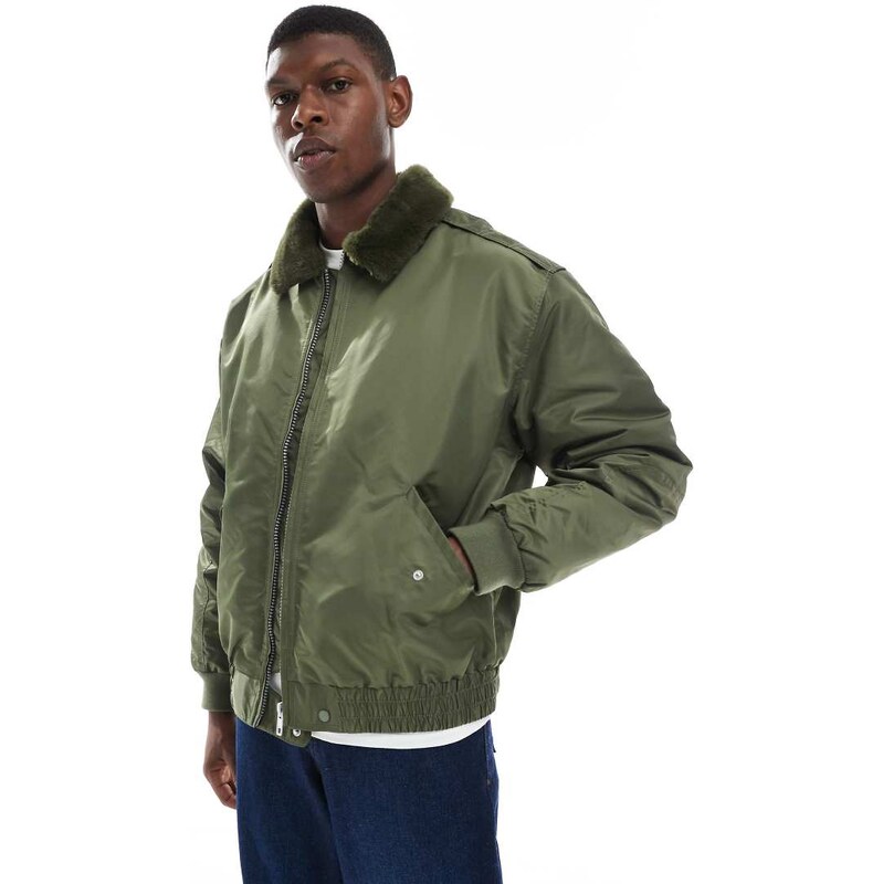 ASOS DESIGN bomber jacket with faux fur collar in khaki-Green