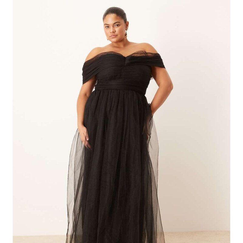 Lace & Beads Plus bow fallen shoulder maxi tulle dress in black