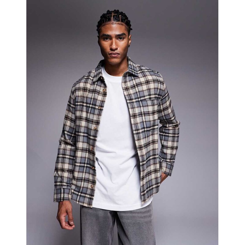 ASOS DESIGN regular flannel check shirt in beige-Neutral