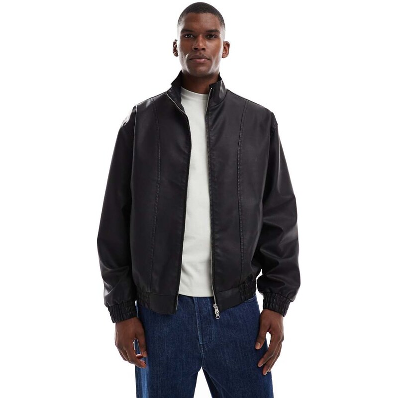 ASOS DESIGN faux leather bomber jacket in washed black