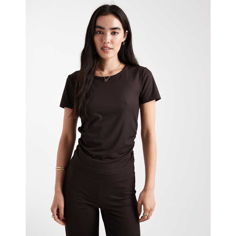 ONLY active short sleeves ribbed top co-ord in chocolate brown 108228713