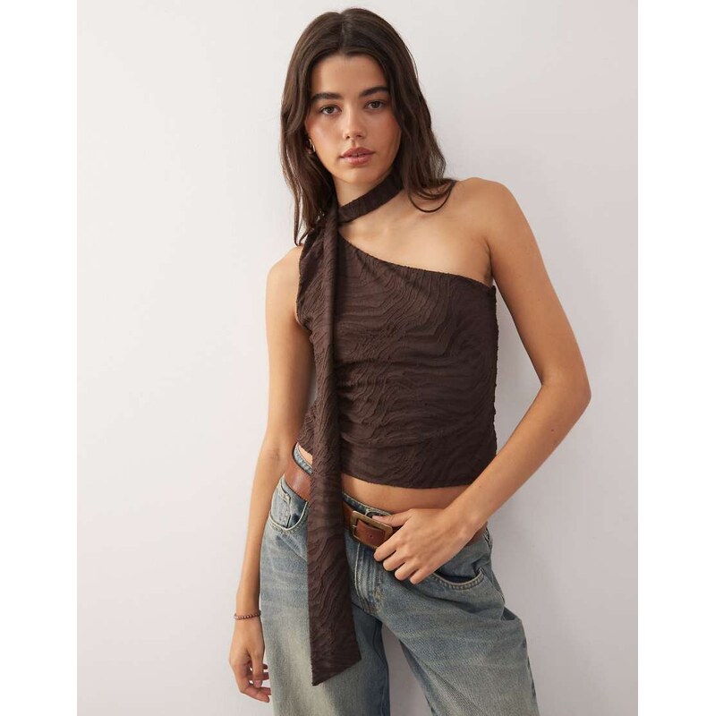 Reclaimed Vintage one shoulder scarf top in brown zebra burnout