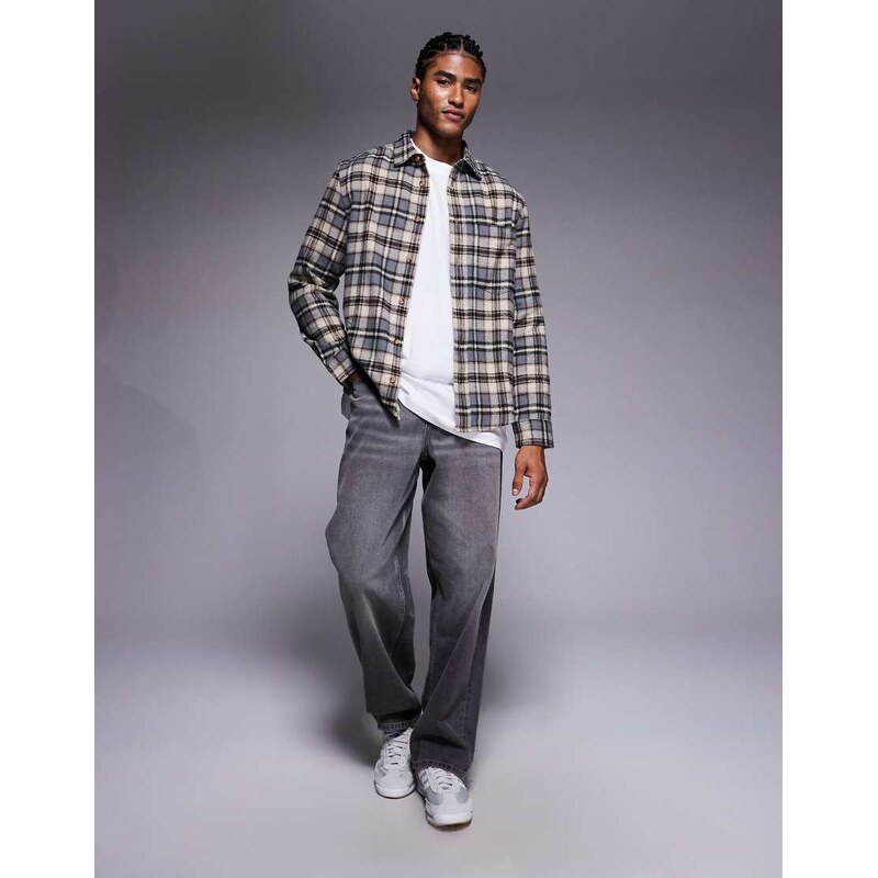 ASOS DESIGN regular flannel check shirt in beige-Neutral