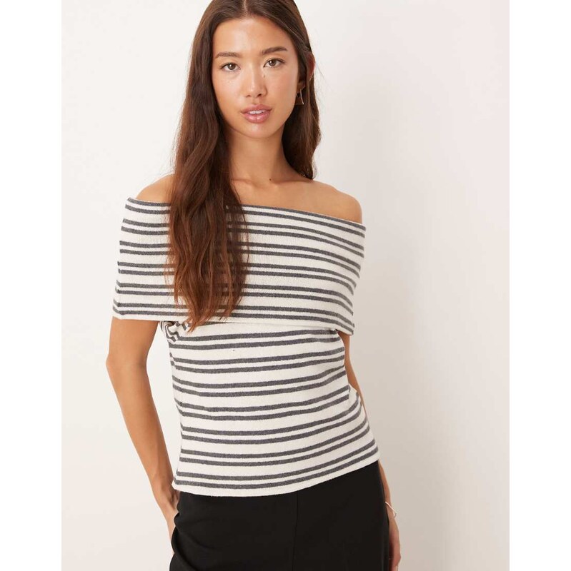ASOS DESIGN textured off shoulder stripe tee in navy stripe
